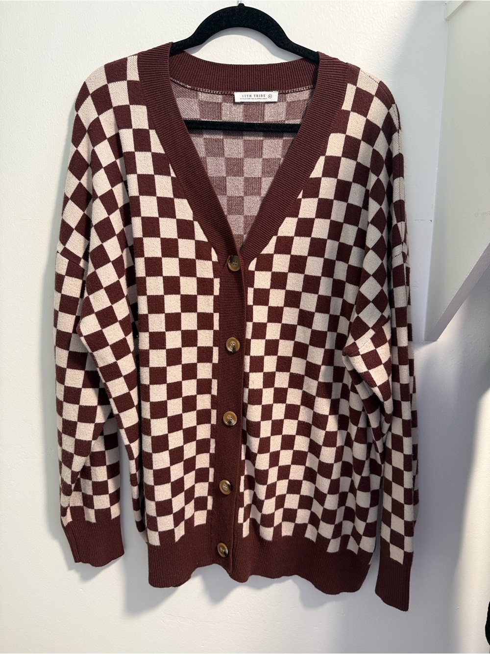 12th Tribe Brown and Cream Checkerboard Knit Cardigan